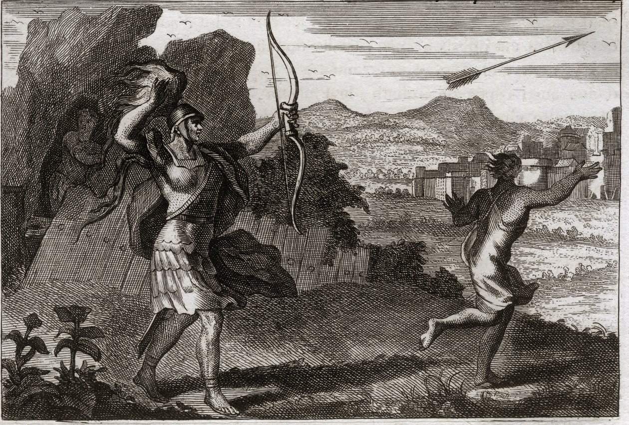 Bijbel van Royaumont, Oude Testament: Jonathan en David. En toen Jonathan de bitterheid van zijn vader zag, waarschuwde Saul hem om zich terug te trekken. Illustratie uit 1811. door Unknown artist