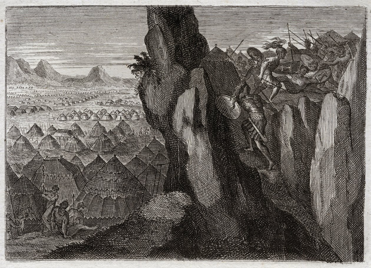 Bijbel van Royaumont, Oude Testament: Jonathan en zijn schildknaap. Jonathan, de zoon van koning Saul, gaat alleen met zijn schildknaap het kamp van de Filistijnen binnen en jaagt hen op de vlucht. Illustratie uit 1811. door Unknown artist