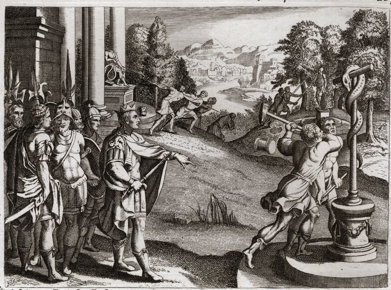Bijbel van Royaumont, Oude Testament: Koning Ezechias. Ezechias, koning van Juda, wijdt zich aan de aanbidding van God en vernietigt de afgoden die zijn volk voor zijn koningschap aanbad. Illustratie uit 1811. door Unknown artist