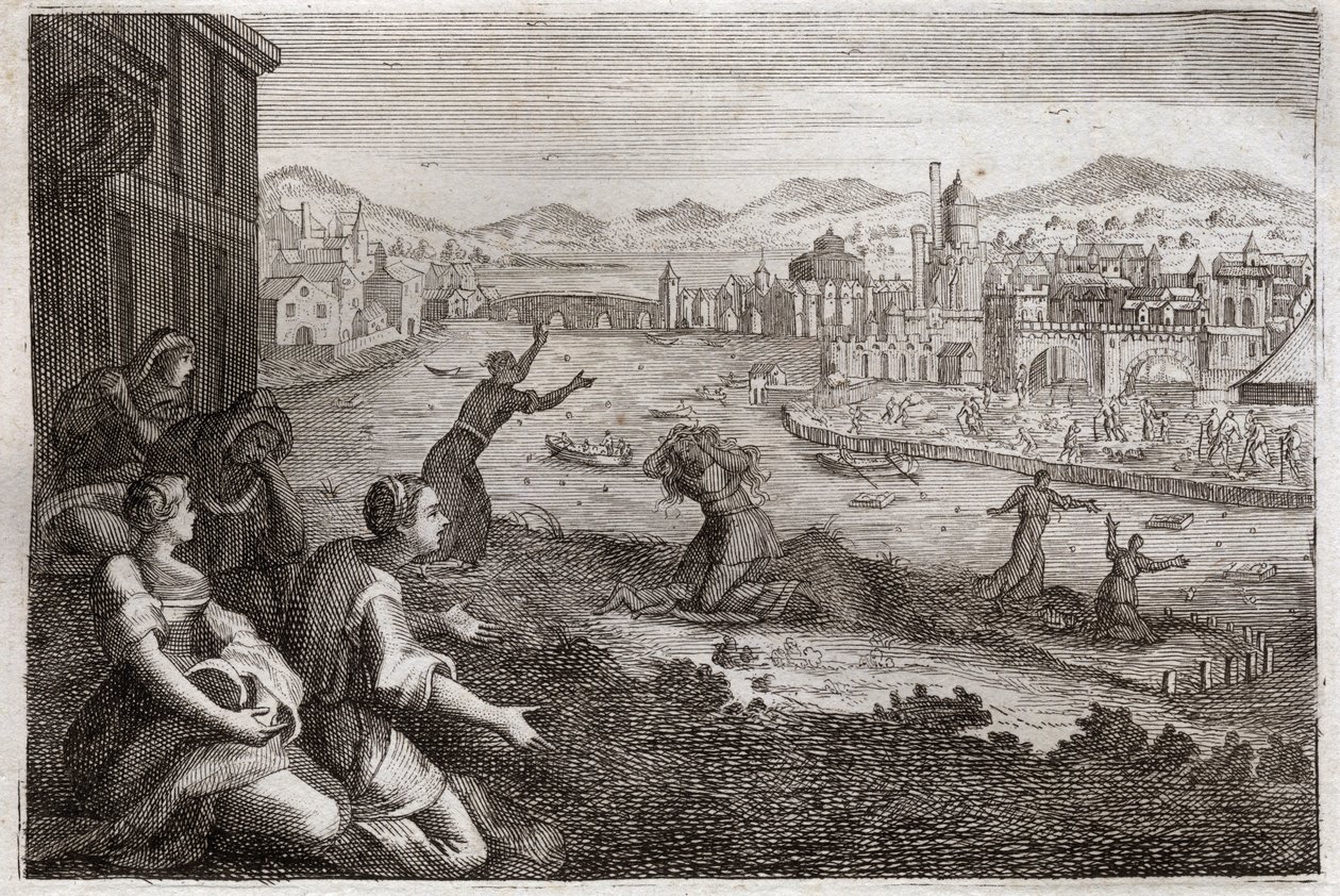 Bijbel van Royaumont, Oude Testament: Vroedvrouwen van Egypte. Farao laat de mannelijke kinderen van de Israëlieten in de Nijl werpen. Illustratie uit 1811. door Unknown artist