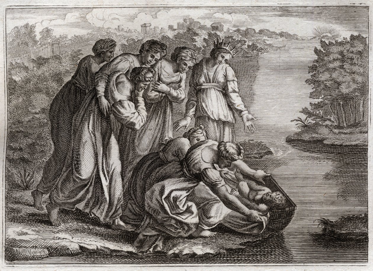 Royaumont Bijbel, Oude Testament: Mozes redt wateren. De dochter van de farao haalde Mozes uit de wateren van de Nijl en adopteerde hem als haar zoon. Illustratie uit 1811. door Unknown artist