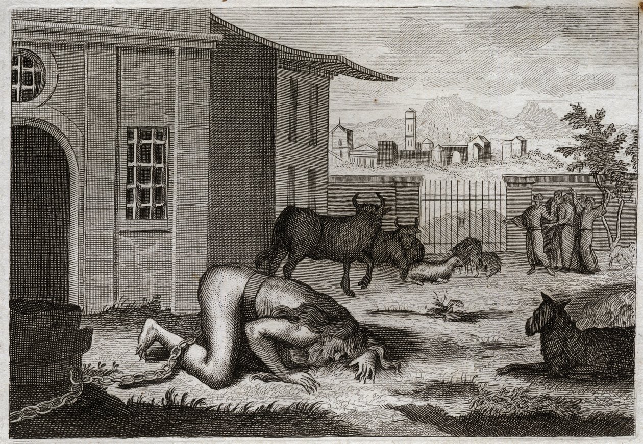 Bijbel van Royaumont, Oude Testament: Nebukadnezar verandert in een beest. Koning Nebukadnezar II wordt door een rechtvaardige straf voor zijn trots in een beest veranderd. Illustratie uit 1811. door Unknown artist