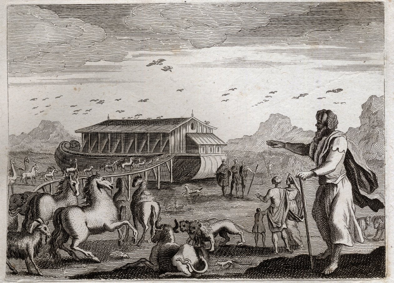 Bijbel van Royaumont, Oude Testament: Ark van Noach. God, boos over de overtredingen van de mensen, besluit iedereen te straffen met een zondvloed; en om Noach, die rechtvaardig was, te redden, beveelt Hij hem de Ark te maken. Illustratie uit 1811. door Unknown artist