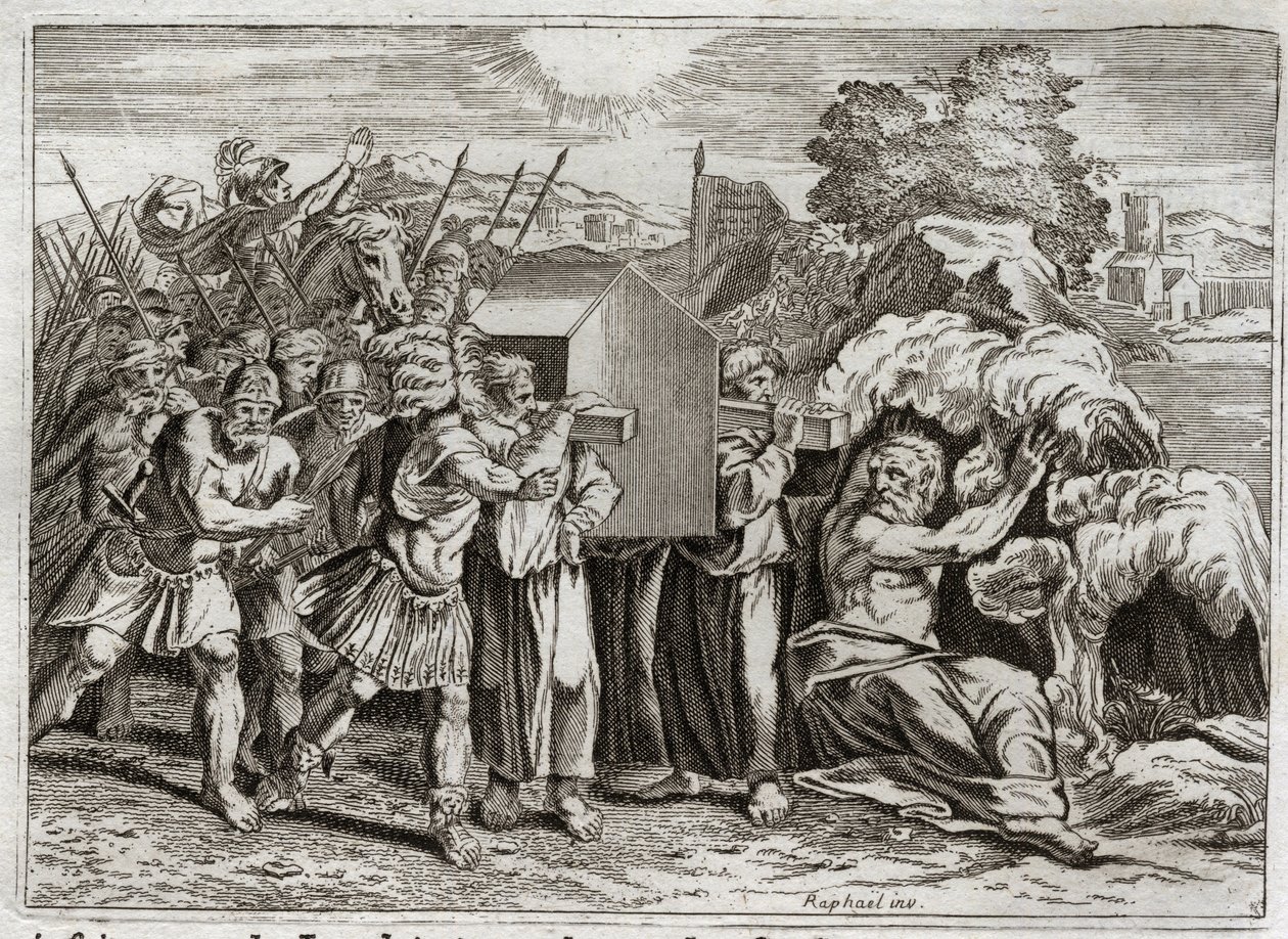 Bijbel van Royaumont, Oude Testament: Oversteek van de Jordaan. Jozua brengt de Jordaan naar het hele volk. Deze rivier droogt op, en de priesters die de ark van het verbond droegen kwamen erin; en de wateren rezen op en bleven als een berg hangen. I door Unknown artist