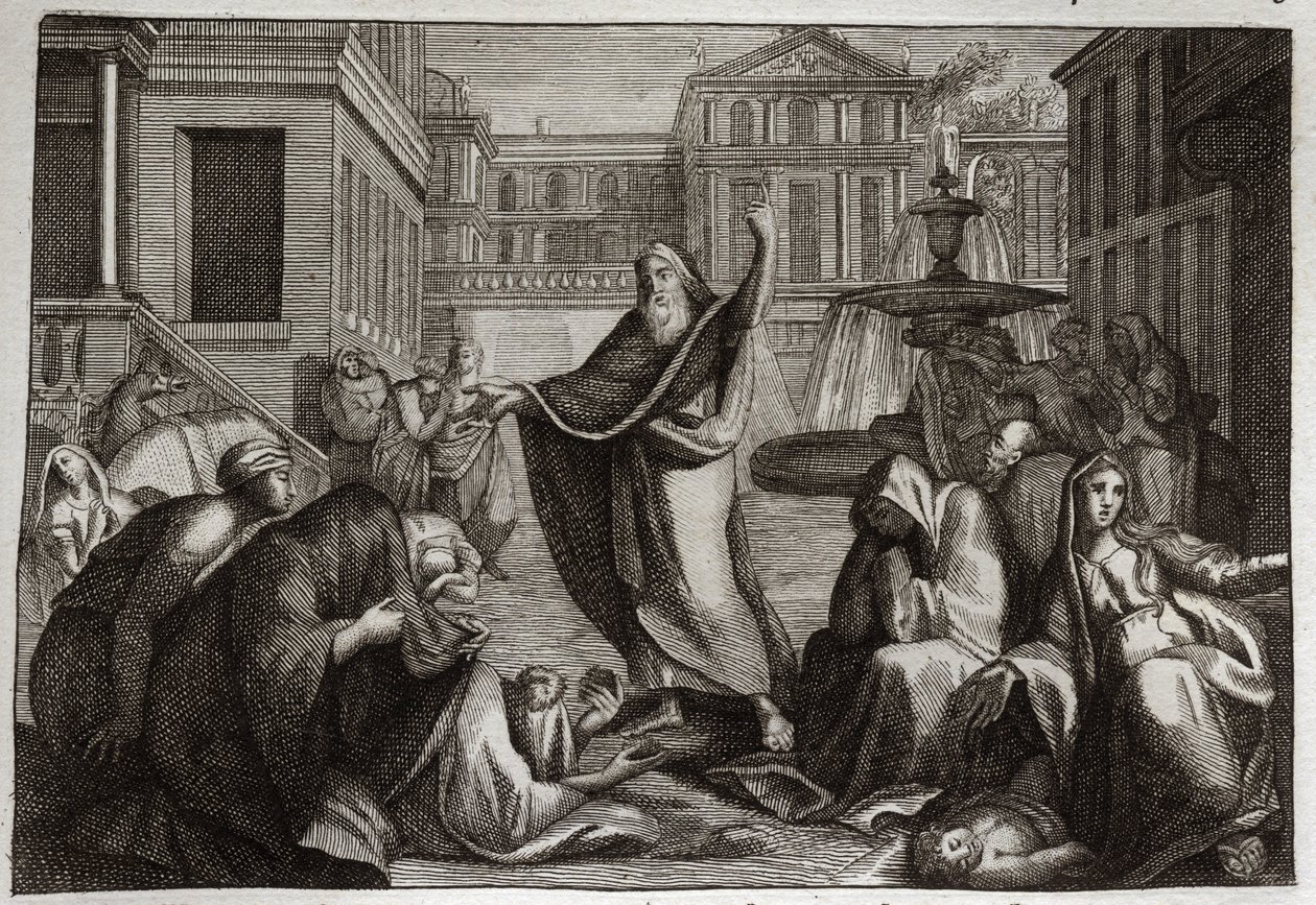 Bijbel van Royaumont, Oude Testament: Boetedoening van de Ninivieten. De inwoners van Nineve doen allen boete bij de prediking van de heilige profeet Jona. Illustratie uit 1811. door Unknown artist