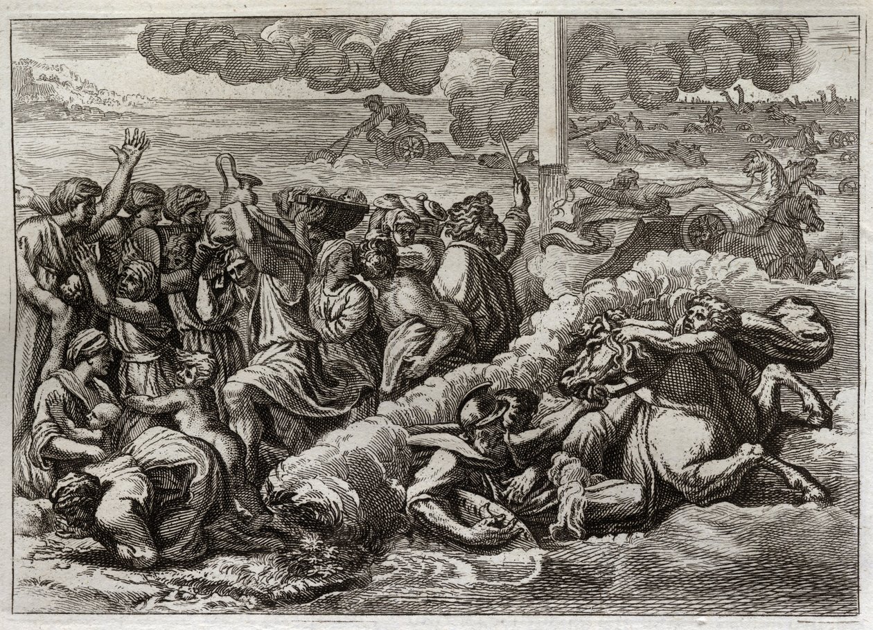 Bijbel van Royaumont, Oude Testament: Farao verdrinkt in de Rode Zee. De doortocht van de Rode Zee door Mozes en de Hebreeën, waarbij het leger van Farao verdrinkt. Illustratie uit 1811. door Unknown artist