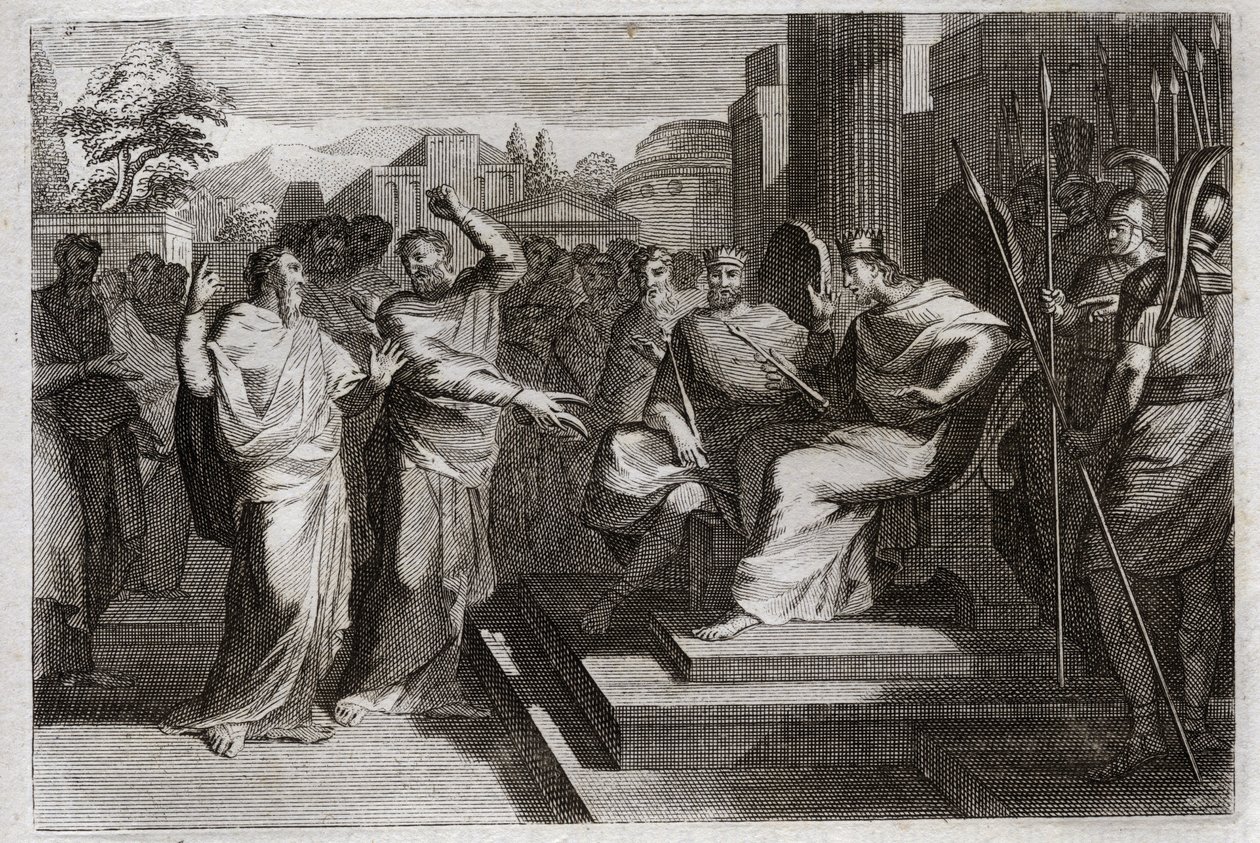 Bijbel van Royaumont, Oude Testament: Vroomheid van Josafat. Josafat, de meest vrome koning van Juda, doet alle prinsen om hem heen beven, en getuigt op verschillende manieren van zijn vroomheid jegens God, die hem over zijn vijanden deed zegevieren. Illus door Unknown artist