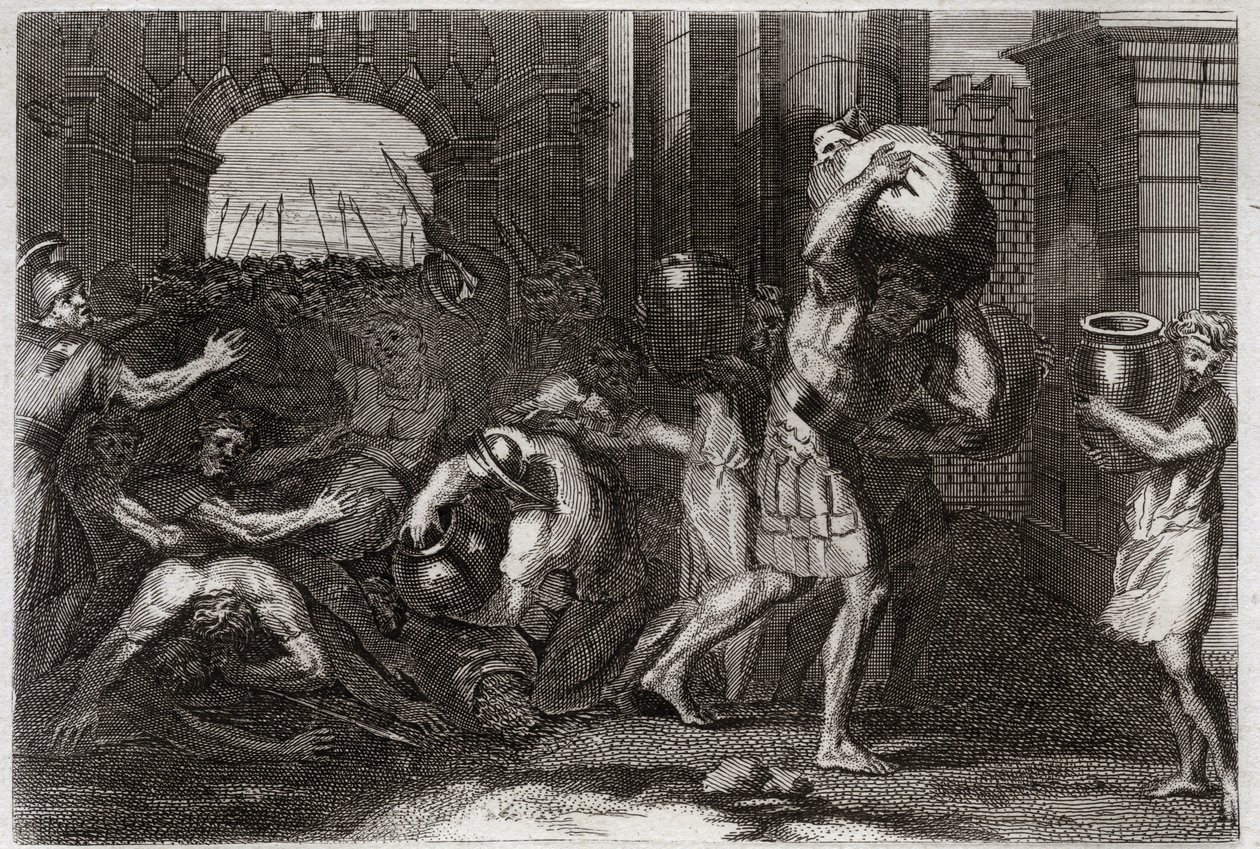Royaumont Bijbel, Oude Testament: Voorspelling van Elisa. Een heer van Samaria, die de woorden van Elisa verkeerd had begrepen, wordt vertrapt aan zijn voeten. Illustratie uit 1811. door Unknown artist