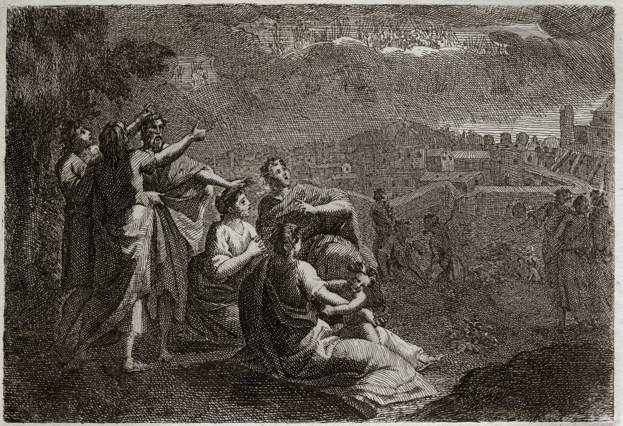 Bijbel van Royaumont, Oude Testament: Voorspellingen over Jeruzalem. God heeft wapens in de lucht op Jeruzalem opgeheven om haar de rampen te bezorgen die haar zouden treffen. Illustratie uit 1811. door Unknown artist