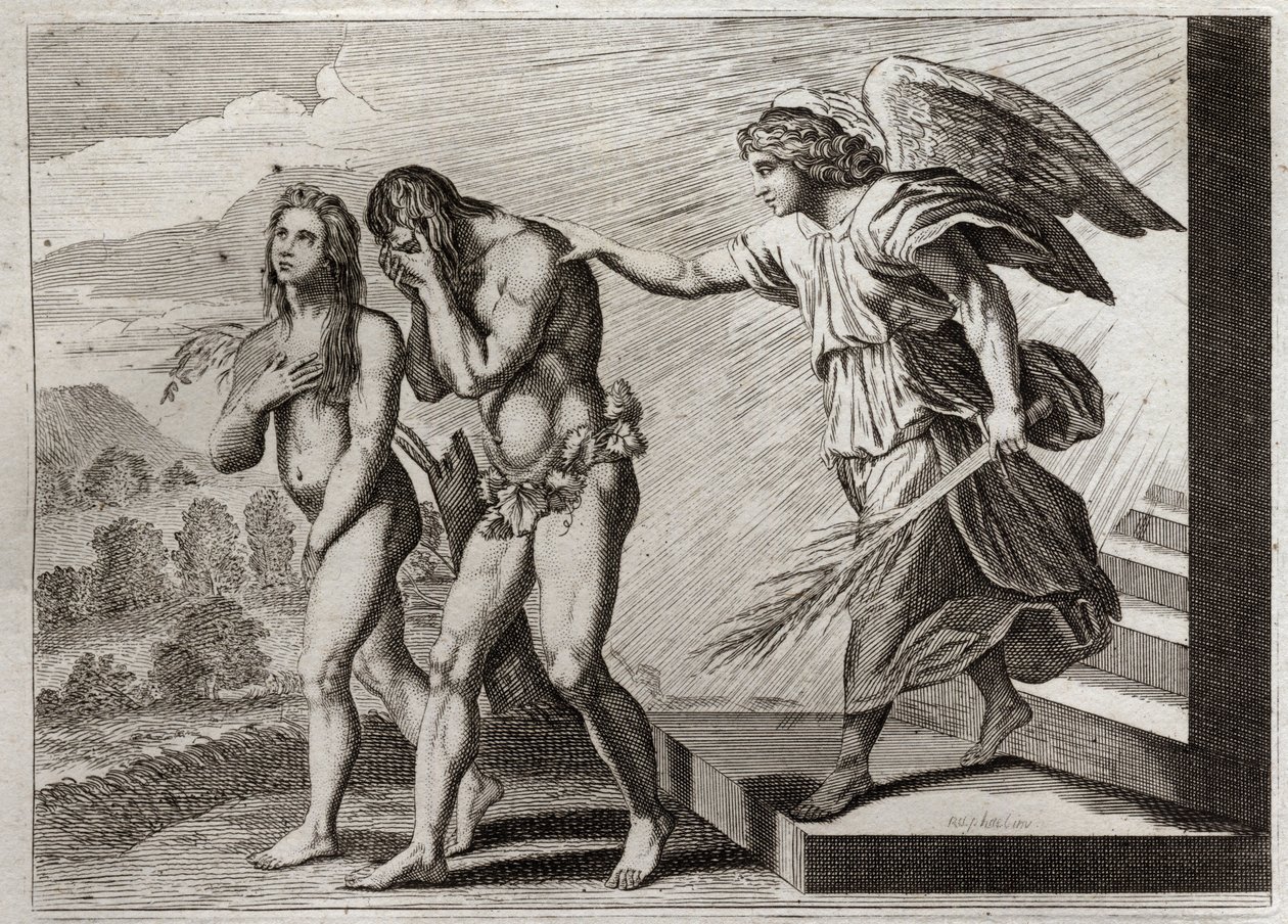 Bijbel van Royaumont, Oude Testament: Straf van Adam. God verdrijft Adam en Eva uit het Paradijs na hun val, en plaatst een cherubijn bij de deur om hun toegang te verdedigen. Illustratie uit 1811. door Unknown artist