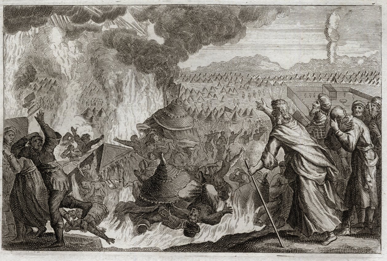 Bijbel van Royaumont, Oude Testament: Straf van Hemels Vuur. Korach (Kore), Dathan (Datan, Nathan) en Abiram (Abriron) morren tegen Mozes, en betwisten de heerschappij van de priester, worden allen levend vernietigd, en de aarde opent zich om hen te versli door Unknown artist