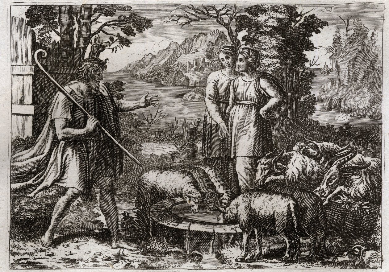 Bijbel van Royaumont, Oude Testament: Rachel en Lea. Jakob dient Laban, zijn oom, om zijn dochter Rachel te trouwen. Illustratie uit 1811. door Unknown artist