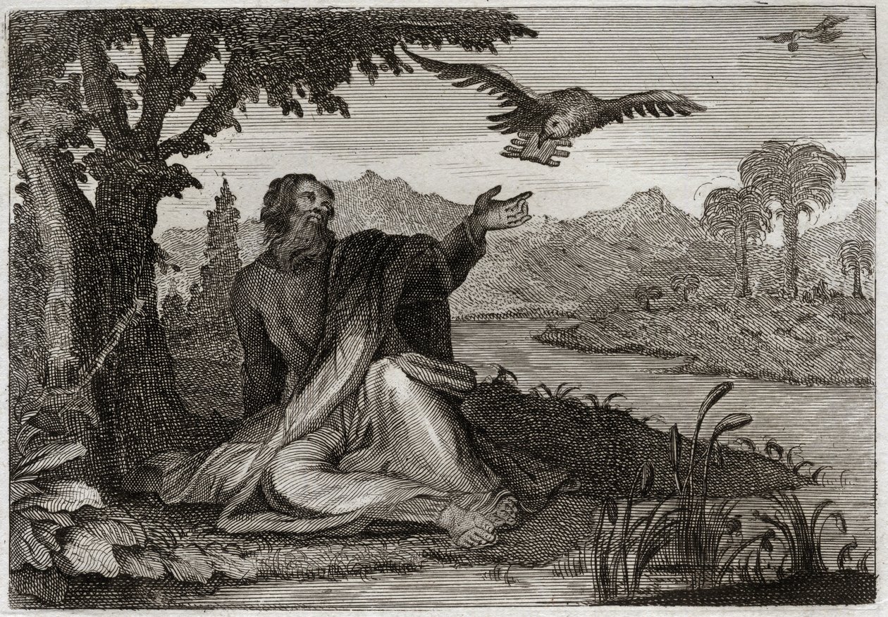 Bijbel van Royaumont, Oude Testament: Raven van Elia. God sloeg de aarde met een driejarige droogte, stuurde de profeet Elia naar een beek, waar twee raven hem voedsel brachten. Illustratie uit 1811. door Unknown artist