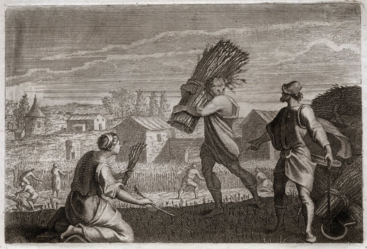 Bijbel van Royaumont, Oude Testament: Ruth volgt haar schoonmoeder Naomi naar het land van Juda en oogst de tarwevelden van Boaz. Illustratie uit 1811 door Unknown artist
