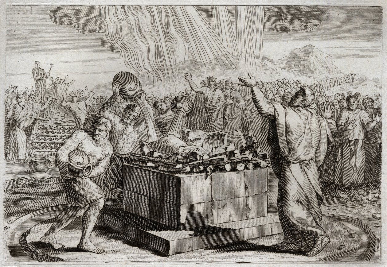 Bijbel van Royaumont, Oude Testament: Offer van Elia. En nadat hij de ware God had bekendgemaakt door het wonder van het vuur dat uit de hemel op zijn offer neerdaalde, beval hij het volk om de vierhonderdvijftig priesters van het afgodsbeeld van Baäl te d door Unknown artist