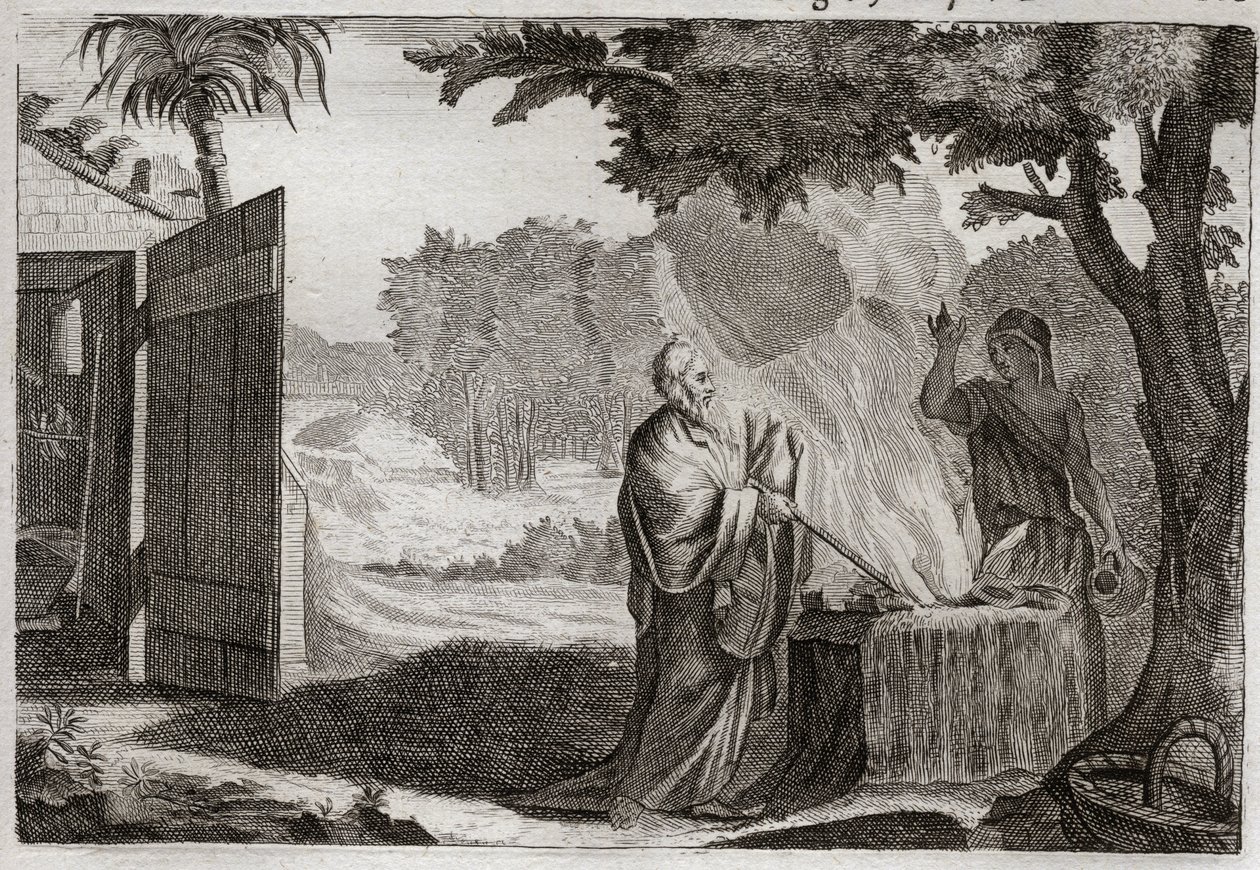 Bijbel van Royaumont, Oude Testament: Offer van Gedeon. Gedeon (Gideon) wordt door God geroepen om de Joden van hun vijanden te bevrijden. Hij brengt een offer op een steen, waaruit een vuur komt dat het verteert. Illustratie uit 1811. door Unknown artist