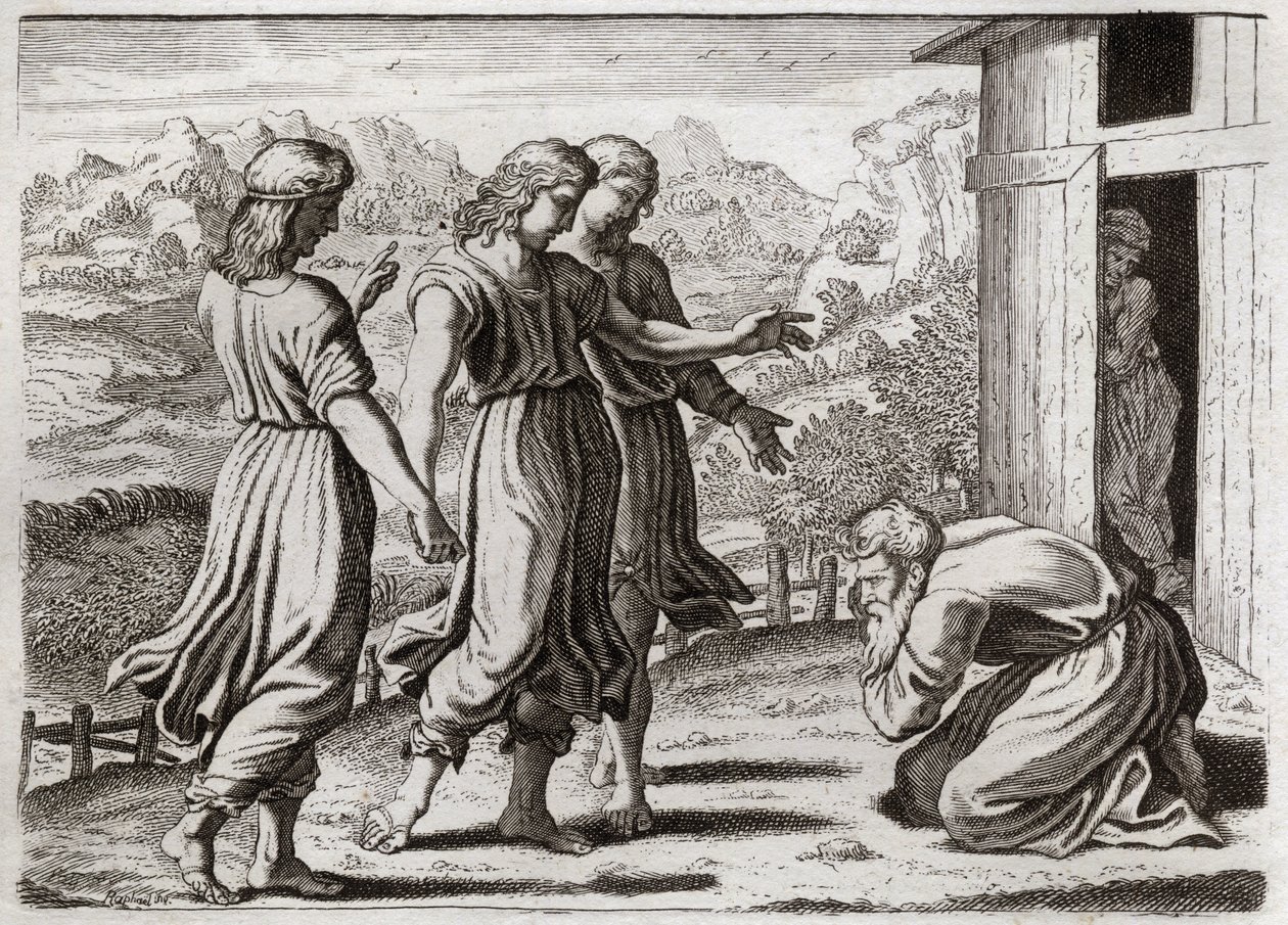 Bijbel van Royaumont, Oude Testament: Sara verwekt Isaak. Abraham ontvangt drie engelen die Sara (Sarah) beloven dat ze over een jaar een zoon zal hebben. Illustratie uit 1811. door Unknown artist