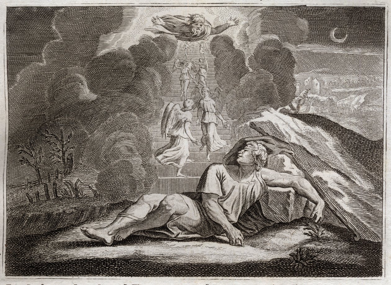 Bijbel van Royaumont, Oude Testament: Ladder van Jakob. Jakob, die vlucht voor de woede van Esau, ziet in zijn slaap een mysterieuze ladder. Illustratie uit 1811. door Unknown artist