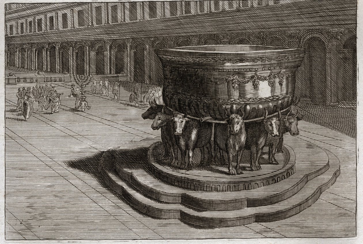 Bijbel van Royaumont, Oude Testament: Koperen Zee. Gietijzer wordt meestal de Koperen Zee genoemd om de voeten en handen van de priesters te wassen wanneer ze de tempel binnengaan. Illustratie uit 1811. door Unknown artist