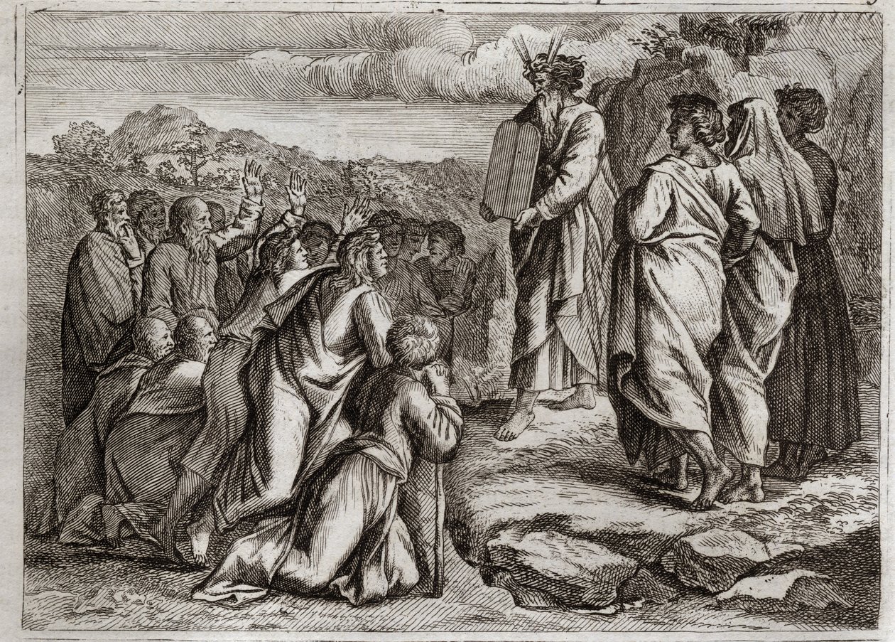 Bijbel van Royaumont, Oude Testament: Tweede Tafelen van de Wet. God geeft Mozes andere tafelen (Tien Geboden), die het volk met respect ontvangt. Illustratie uit 1811. door Unknown artist