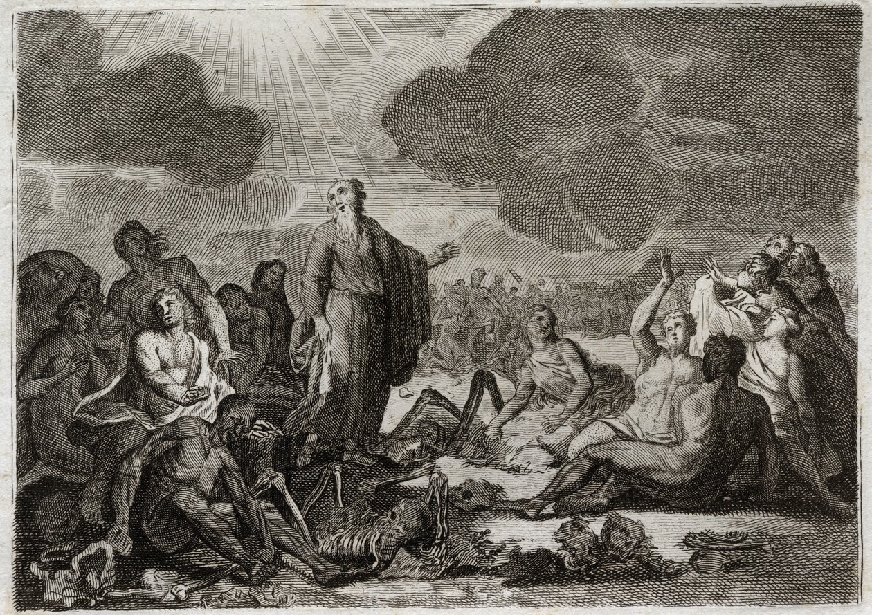 Bijbel van Royaumont, Oude Testament: Tweede visioen van Ezechiël. Het visioen dat de profeet Ezechiël had van verschillende uitgedroogde beenderen die een menselijke vorm aannamen. Illustratie uit 1811. door Unknown artist