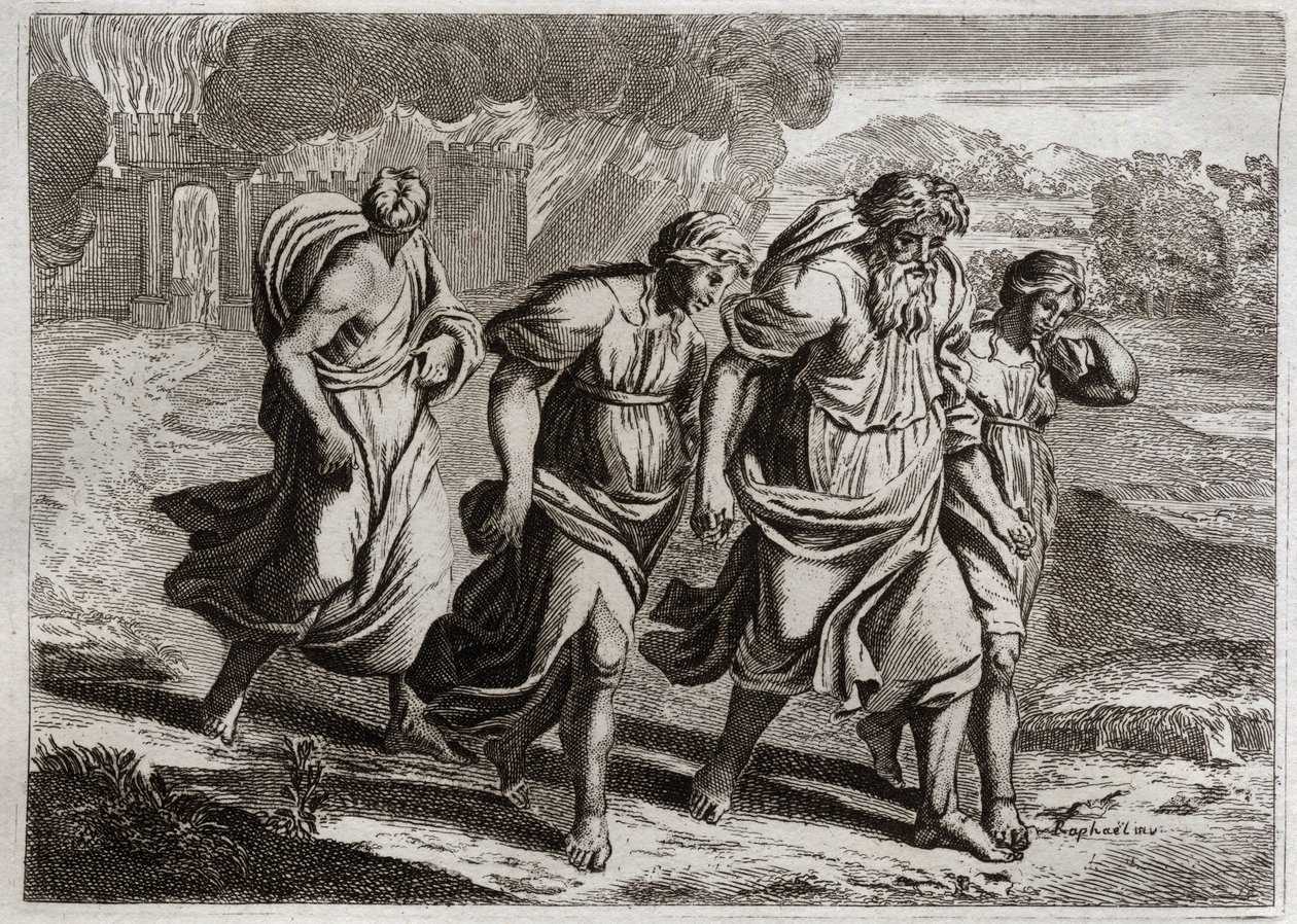 Bijbel van Royaumont, Oude Testament: Sodom verbrand. God irriteert de afschuwelijke misdaden van Sodom, verbrandt het met de andere naburige steden, met een regen van vuur en zwavel die hij uit de hemel verbrandt (Lot, zijn dochters en zijn vrouw vluchten door Unknown artist