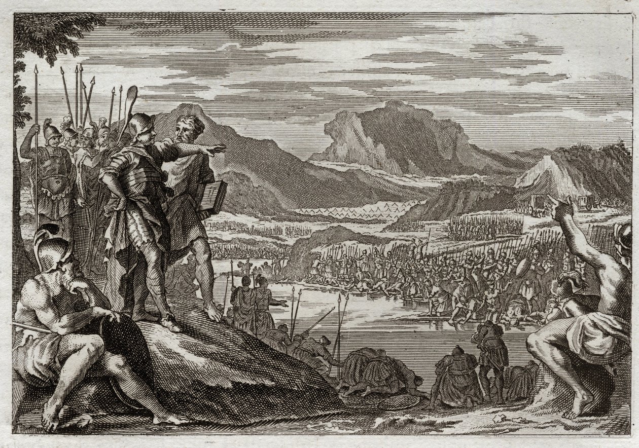 Royaumont Bijbel, Oude Testament: Soldaten van Gedeon. God beveelt Gedeon (Gideon) om al zijn troepen naar de Jordaan te leiden en geeft hem een teken om degenen te onderscheiden die hij moest gebruiken om tegen de Midianieten te vechten. Illustratie uit 1 door Unknown artist