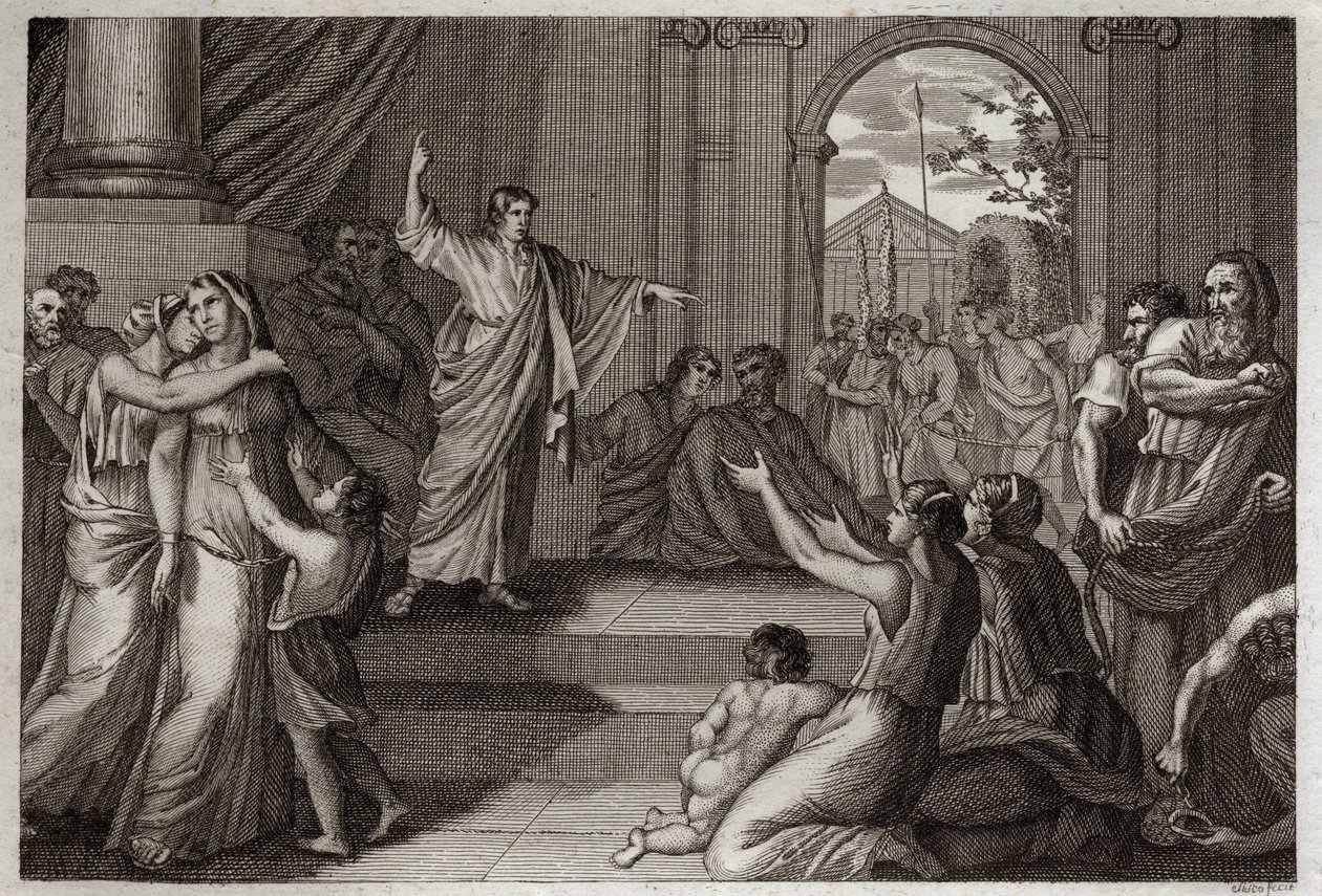 Bijbel van Royaumont, Oude Testament: Susanna bevrijd. God gebruikt de wijsheid van de jonge Daniël om Susanna te bevrijden van de dood, waartoe ze ten onrechte was veroordeeld. Illustratie uit 1811. door Unknown artist