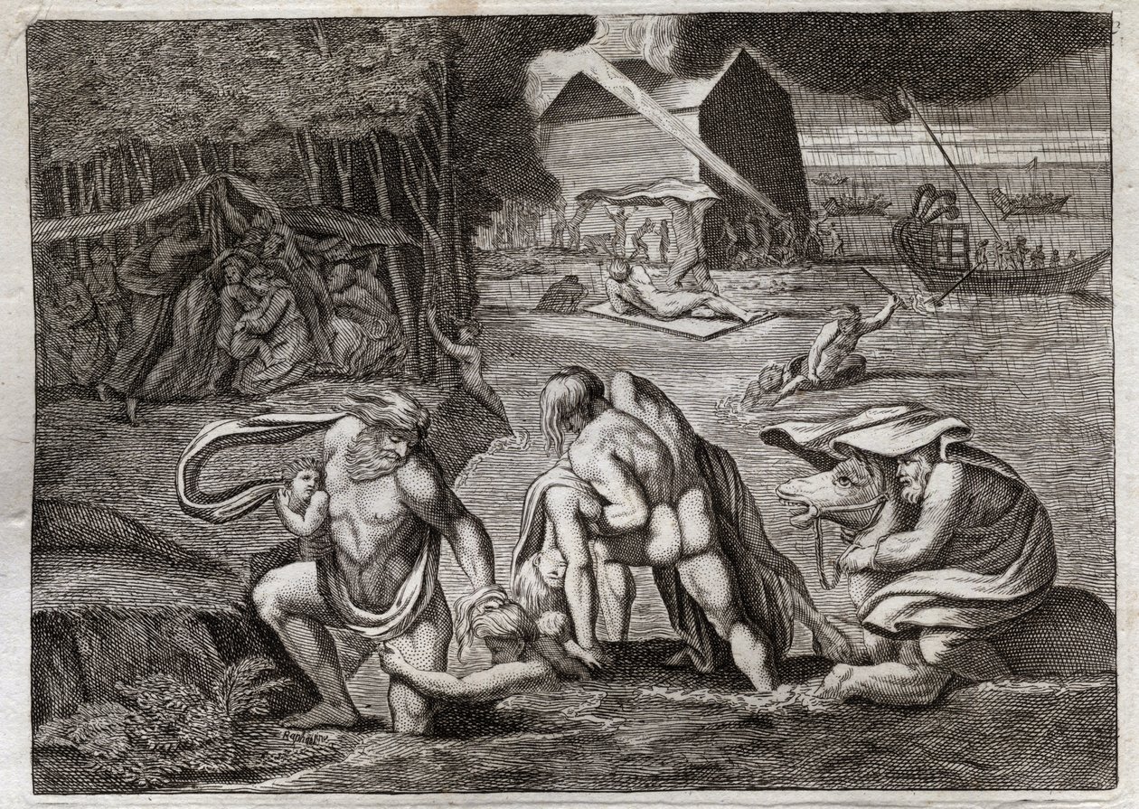 Bijbel van Royaumont, Oude Testament: De Zondvloed. De zondvloed overspoelt de hele aarde. Alleen de Ark redt degenen die erin opgesloten waren van deze ondergang. Illustratie uit 1811. door Unknown artist