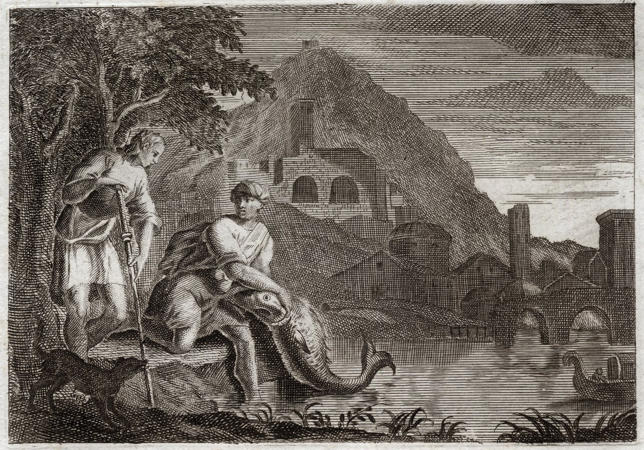 Royaumont Bijbel, Oude Testament: De engel leidt Tobia. Jonge Tobia wordt bang van een vis die hem wilde opeten. Engel Rafaël komt op Gods bevel om hem te begeleiden op een reis die hij moest maken. Illustratie uit 1811. door Unknown artist