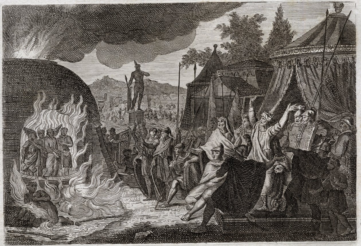 Bijbel van Royaumont, Oude Testament: De drie kinderen van Babylon in de oven. Koning Nebukadnezar II gooit drie jonge Hebreeuwse mannen in een brandende oven, waaruit ze wonderbaarlijk worden bevrijd. Ze heten Ananias, Azarias en Misael (of Sadrach, Mesac door Unknown artist