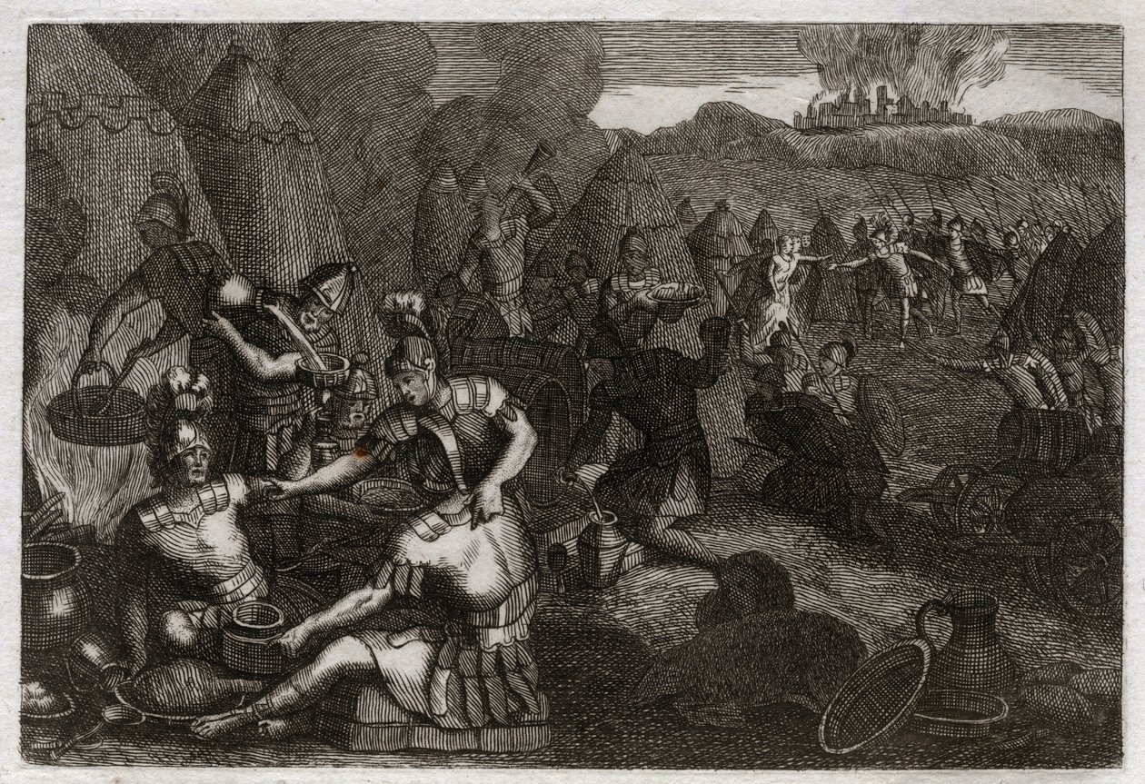 Bijbel van Royaumont, Oude Testament: Dieven van Siceleg. Enkele Amalekieten komen Siceleg plunderen in afwezigheid van David. Hij rent woedend en verslaat hen. Illustratie uit 1811. door Unknown artist