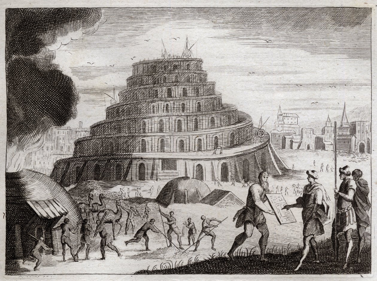 Bijbel van Royaumont, Oude Testament: Toren van Babel. Mannen willen uit ijdelheid een toren naar de hemel bouwen. God verhindert dit werk door hun tongen te verwarren zodat ze elkaar niet meer kunnen verstaan. Illustratie uit 1811. door Unknown artist