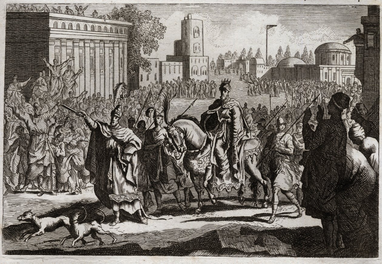 Bijbel van Royaumont, Oude Testament: Triomf van Mardochee. Aman (Haman) wordt door de koning gedwongen om de triomf van Mardochee (of Mordekhai of Mordecai) zijn vijand door de stad Susan (beter bekend als Susa) te verkondigen. Illustratie uit 1811. door Unknown artist