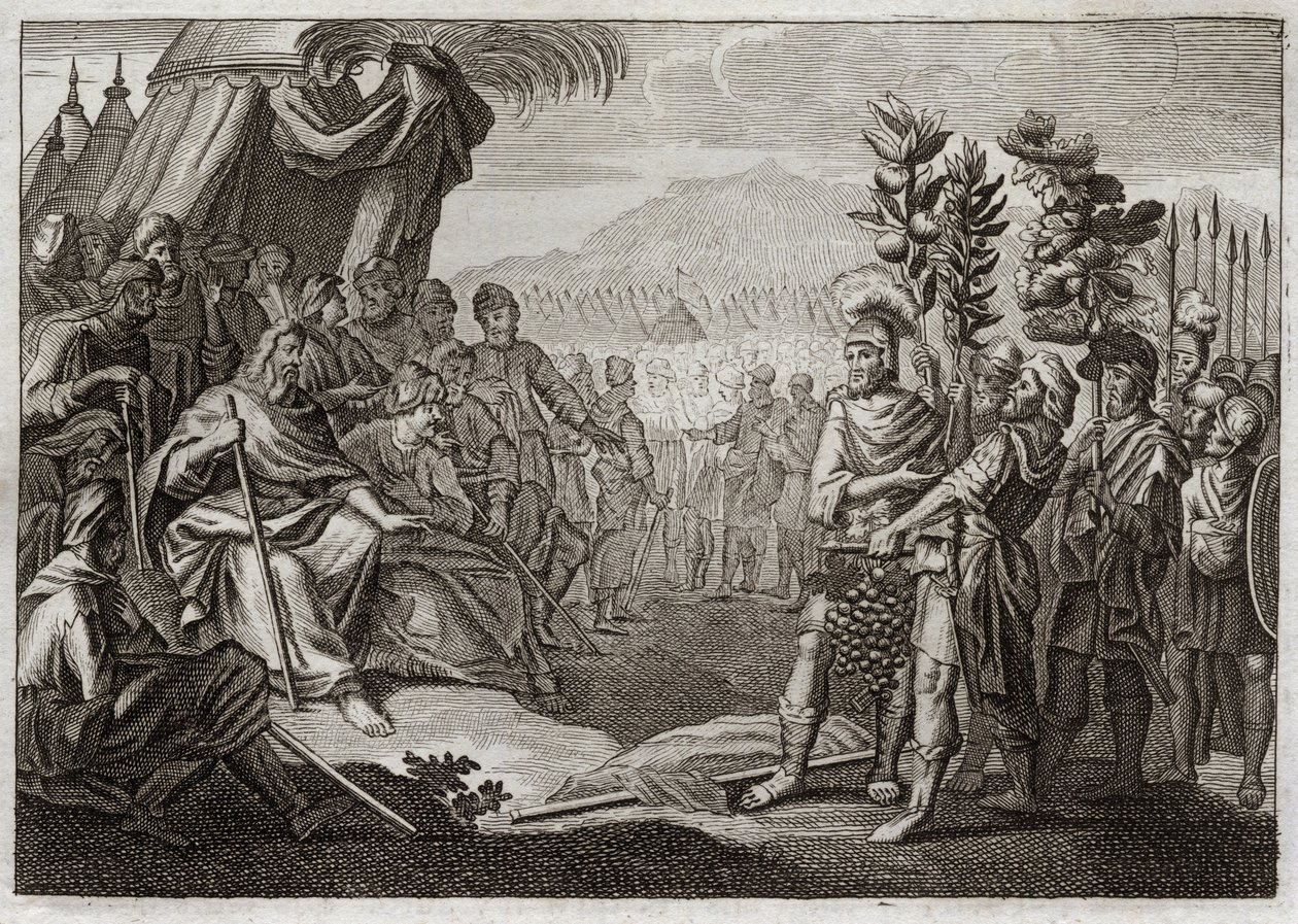Bijbel van Royaumont, Oude Testament: Twaalf spionnen. Mozes stuurde twaalf spionnen om het land Kanaän (Beloofde Land) te verkennen. Ze laten het volk morren, en God, om hen te straffen voor dit gemor, verzekert hen dat ze nooit dit land zullen betreden.  door Unknown artist