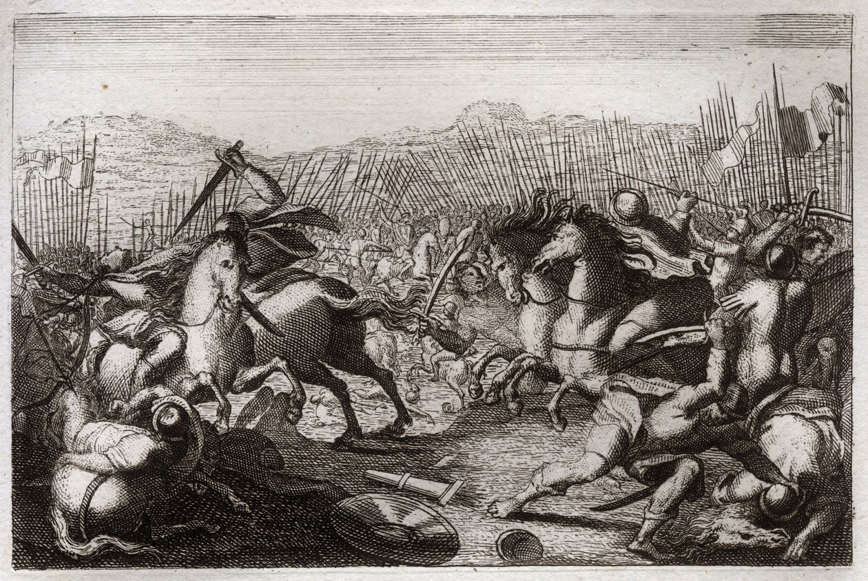 Bijbel van Royaumont, Oude Testament: Overwinning van Judas. Judas Makkabeüs versloeg Apollonius, Seron, Ptolemee Macron, Gorgias, Nicanor en Lysias in verschillende veldslagen. Illustratie uit 1811. door Unknown artist