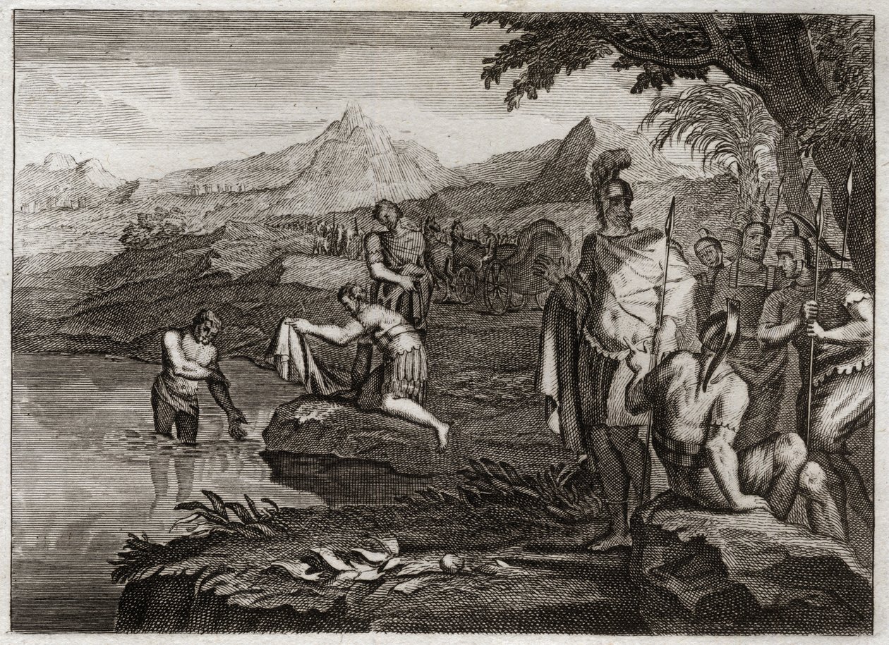 Bijbel van Royaumont, Oude Testament: Oorlog van Naäman. Naäman, generaal van het leger van de koning van Syrië, kwam de profeet Elisa opzoeken om van zijn melaatsheid genezen te worden. Illustratie uit 1811 door Unknown artist