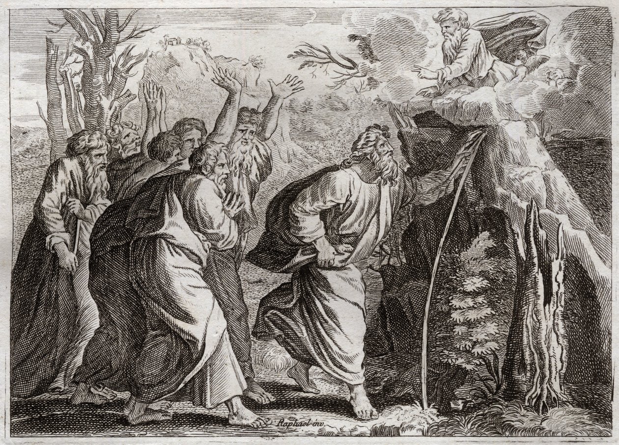 Bijbel van Royaumont, Oude Testament: Water uit de Rots. Mozes brengt water uit de rots en geeft het volk van Israël te drinken. Illustratie uit 1811. door Unknown artist
