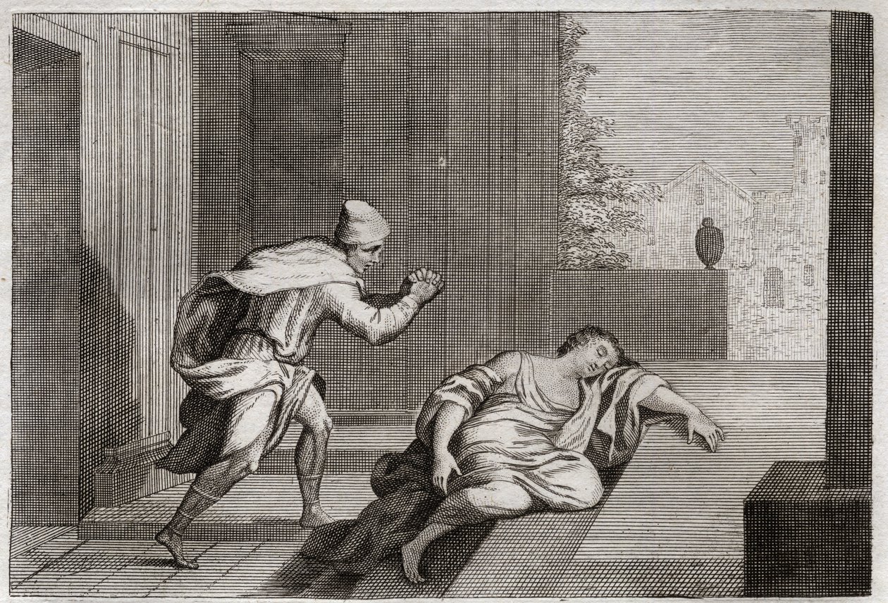 Bijbel van Royaumont, Oude Testament: Vrouw van de mishandelde Leviet. De vrouw van de Leviet werd dood gevonden bij de deur nadat ze door schurken was misbruikt. Illustratie uit 1811. door Unknown artist