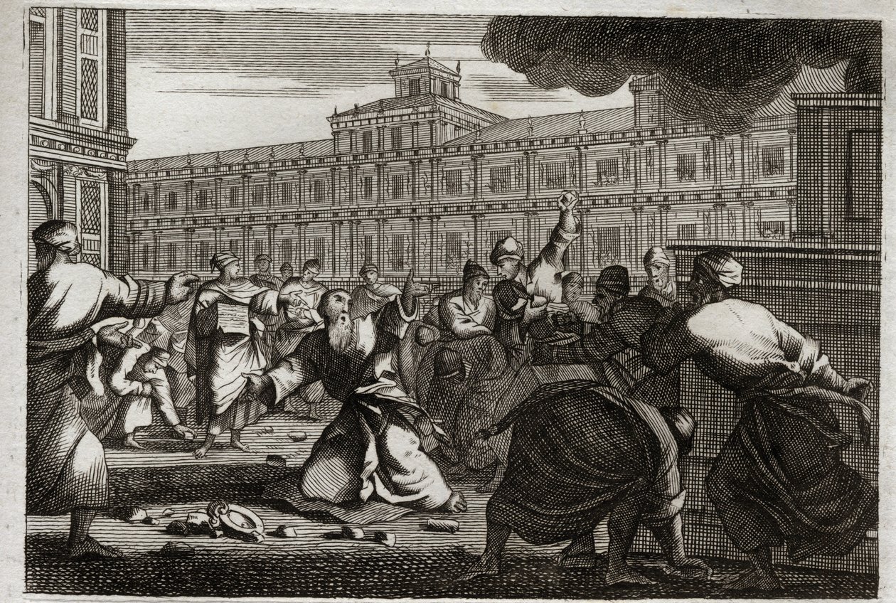 Bijbel van Royaumont, Oude Testament: Zacharia gestenigd. Zacharia, de hogepriester, wordt gestenigd op bevel van Joas (Jehoash), koning van Juda, omdat hij zijn bevelen niet opvolgde. Illustratie uit 1811. door Unknown artist