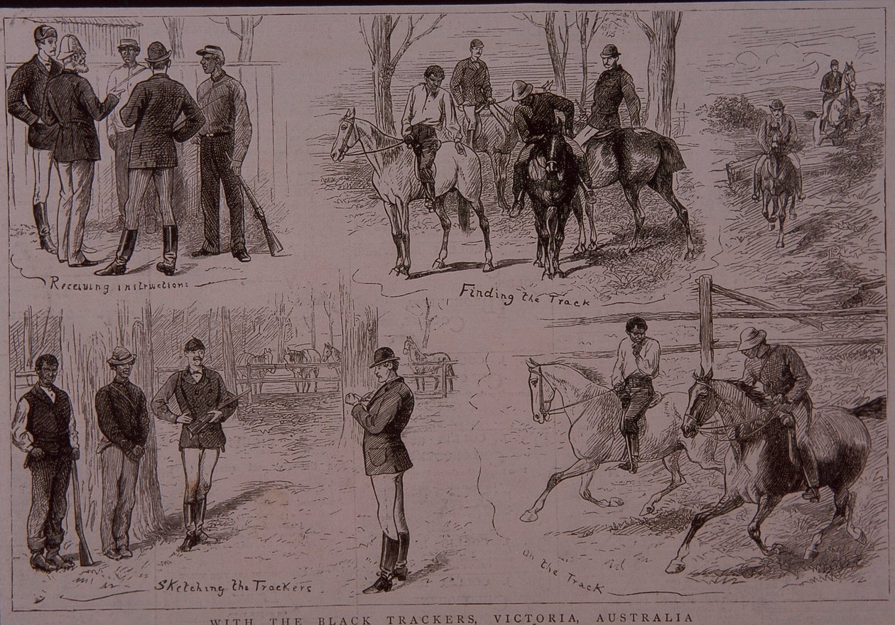 Zwarte speurders op het spoor van bushrangers in Victoria, Australië in 1881 door Unknown artist