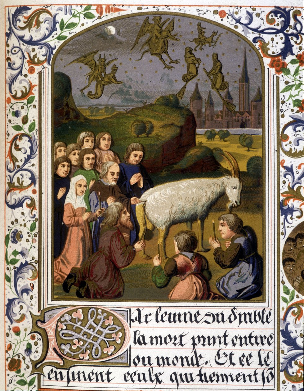 Zwarte mis rond een geit tegen een sabbat scène - Facsimile van een verluchting door Unknown artist