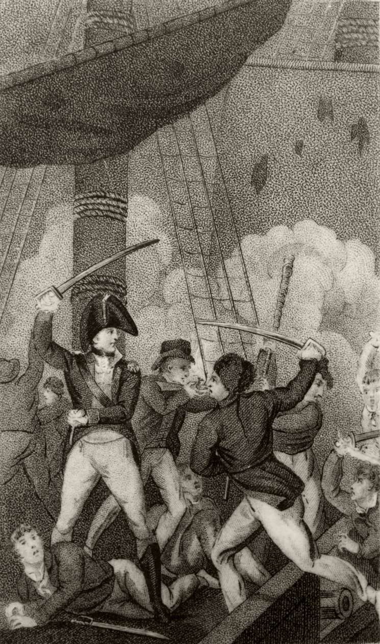 Zwartbaard aan boord van de Pearl, onder bevel van luitenant Maynard door Unknown artist