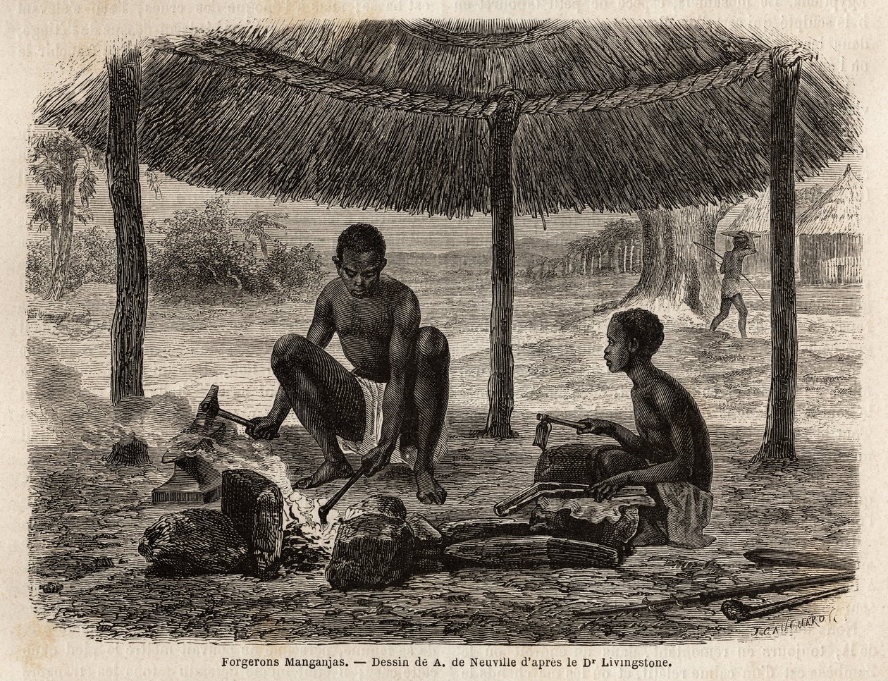 Smeden van de Manganja (etnische groep uit de Zambezi-regio). Gravure ter illustratie van Dr. Livingstone