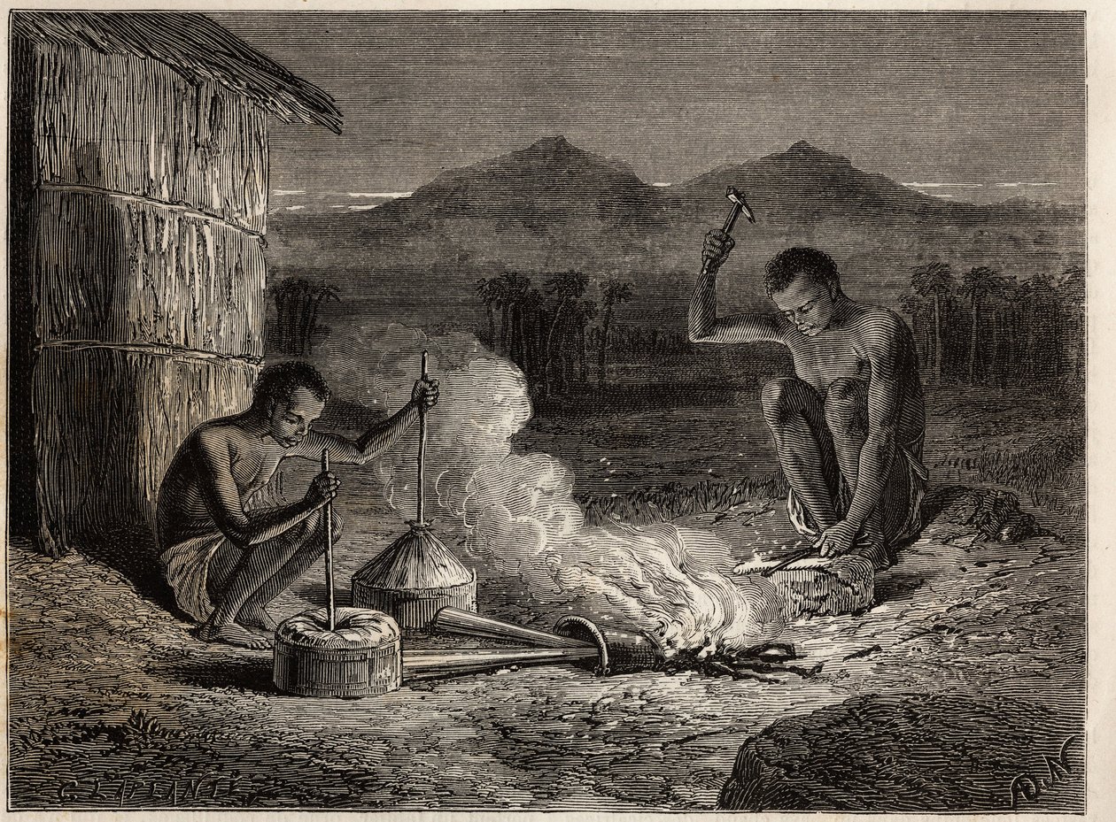 Smeden in Simiango, aan de oevers van de Zambezi-rivier. Gravure ter illustratie van Dr. Livingstone