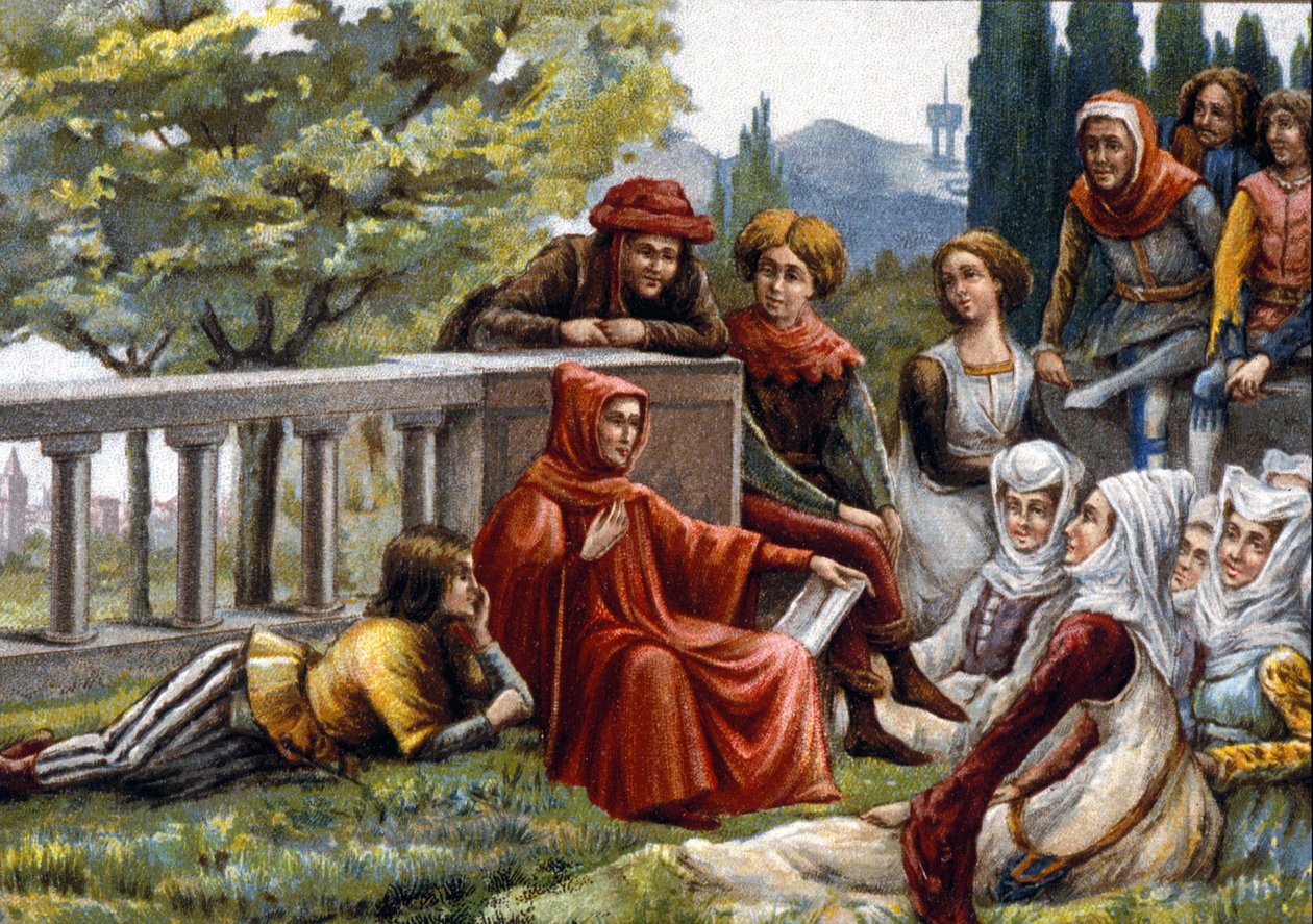 Boccaccio leest de Decamerone voor aan zijn vrienden tijdens de pestepidemie in Florence rond 1348. Chromolithografie uit het einde van de 19e eeuw door Unknown artist