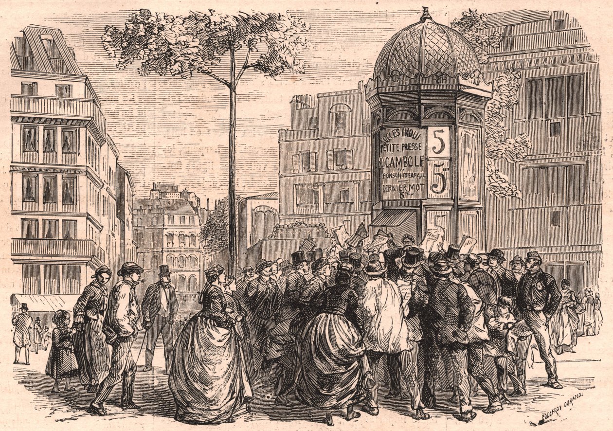 Boulevard Pigalle in Parijs: Parijse menigte rond een Morris-zuil tijdens de verkoop van kranten door Unknown