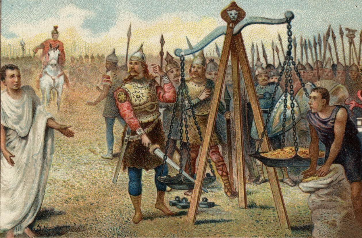 Brennus legt zijn zwaard in de weegschaal, 390 v.Chr.: Rome geplunderd door de Galliërs onder leiding van hun hoofdman Brennus (Brennos). Geconfronteerd met de weerstand van de Romeinen, stemde Brennus ermee in om te onderhandelen met de Romeinse militaire door Unknown artist