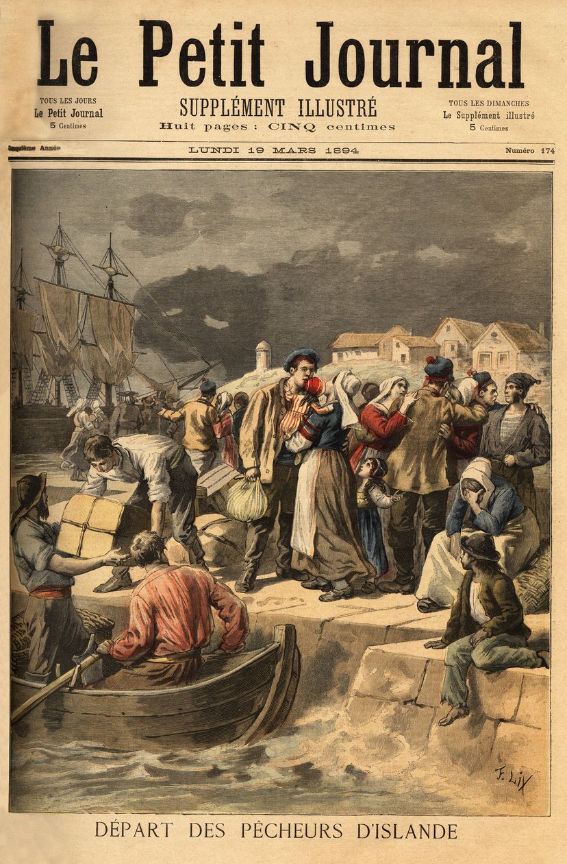 Bretonse zeelieden die in het voorjaar Paimpol verlaten om kabeljauw te zoeken aan de kust van IJsland of Newfoundland. Gravure in 