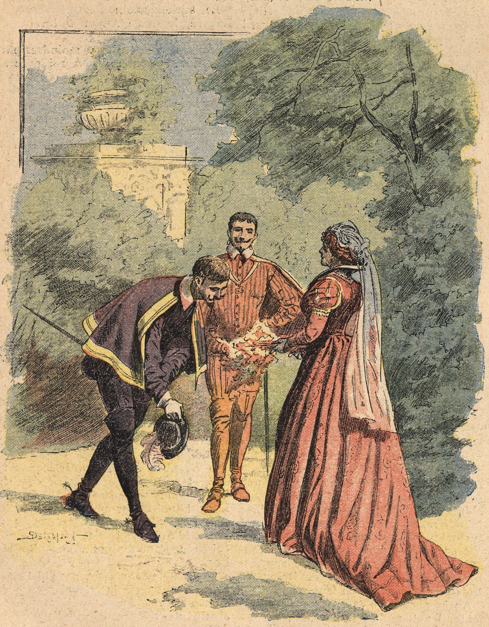 Bussy begroet Jeanne, vergezeld door Sint Lucas, in het park. Illustratie van de roman 